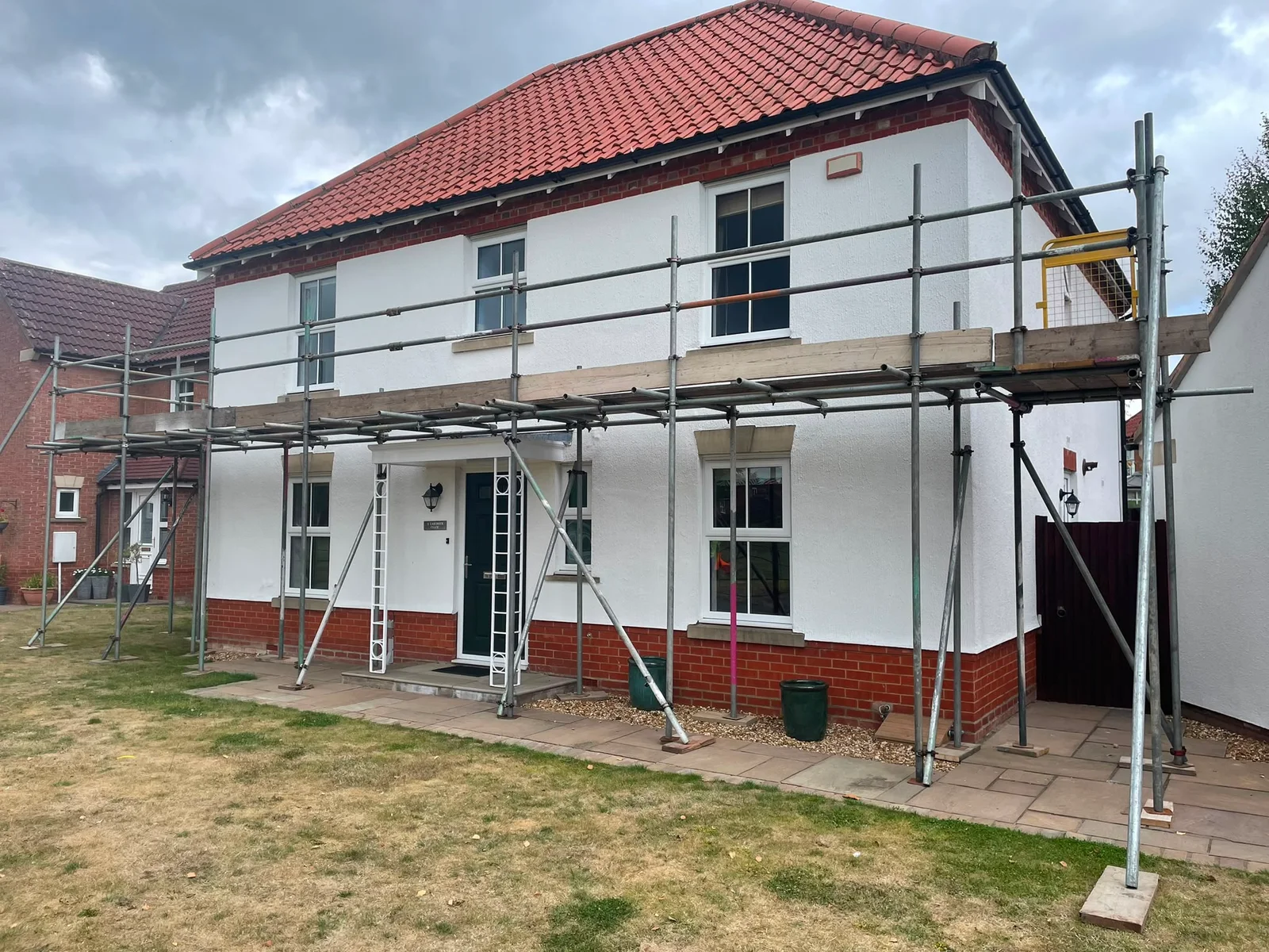 Scaffolding across a house for exterior rendering in Earswick, York